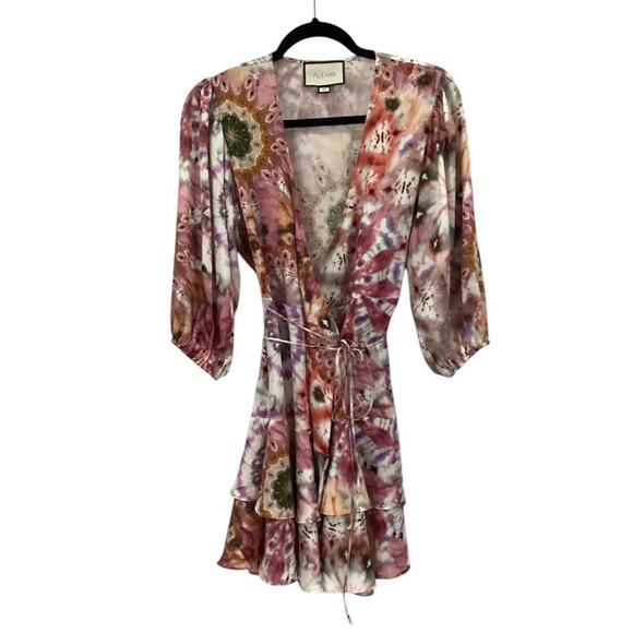 Alexis Lucine Printed Wrap Dress In Rose Tie Dye Mini Ruffled Size Medium - Picture 2 of 15